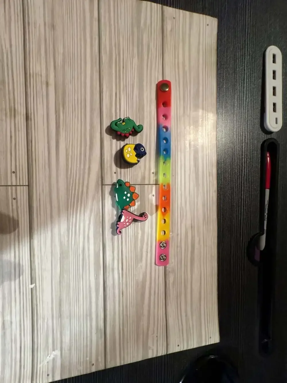 Rainbow Silicone Charm Bracelet with 4 Dinosaur Shoe Charms